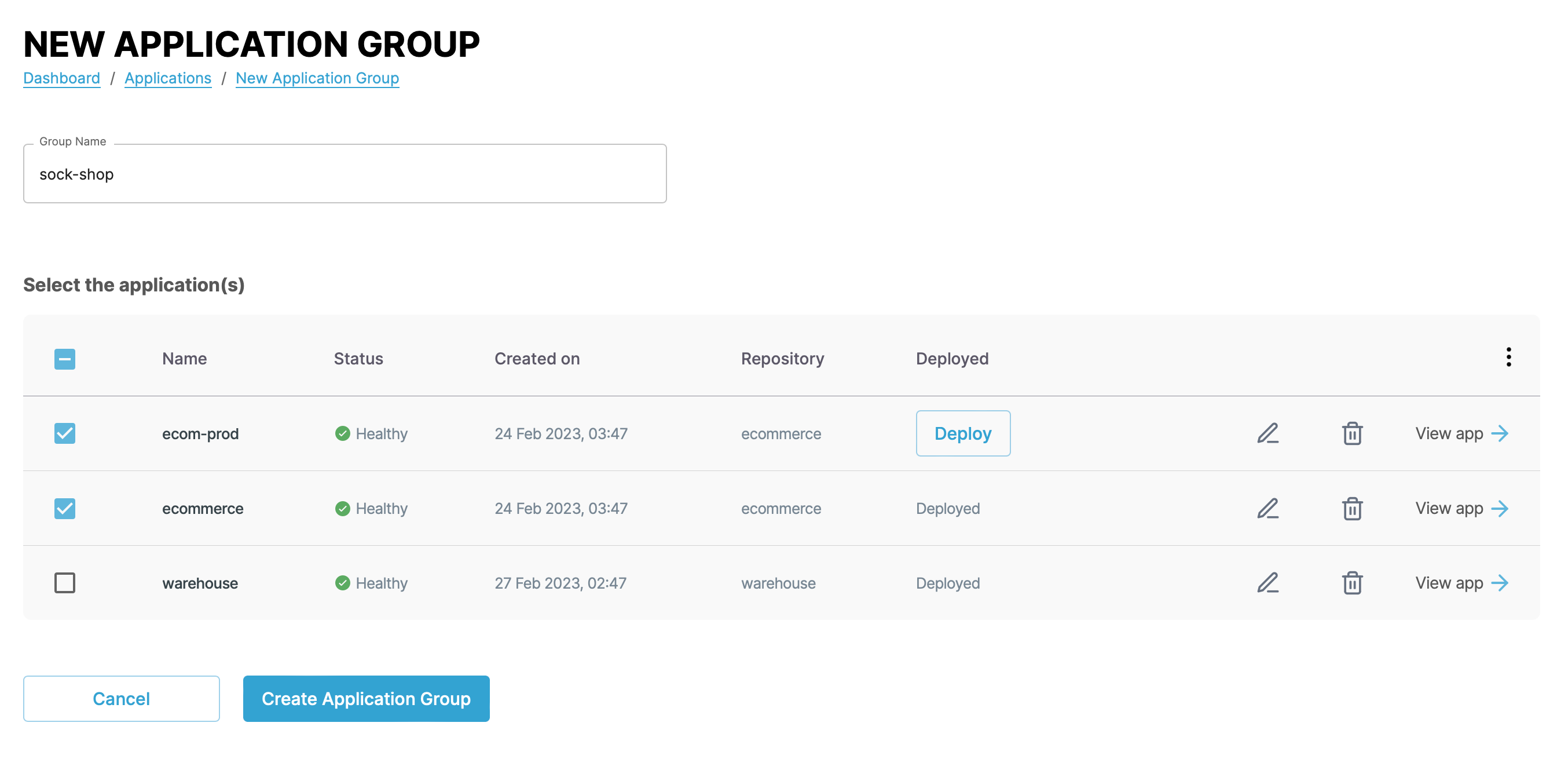 Screenshot of application group creation page