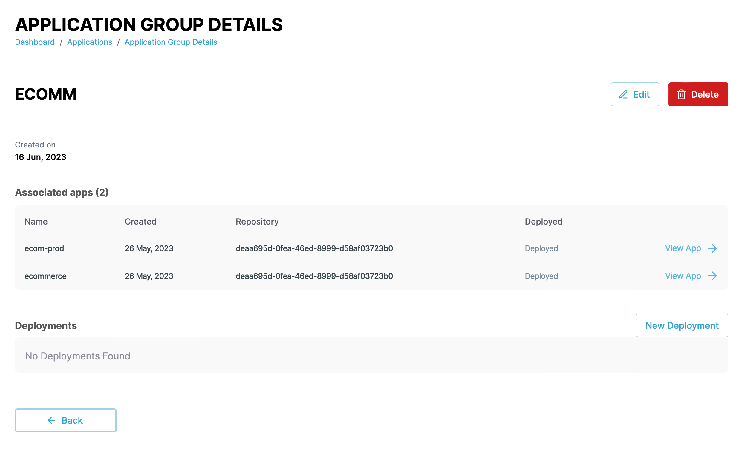 Screenshot of application group details page