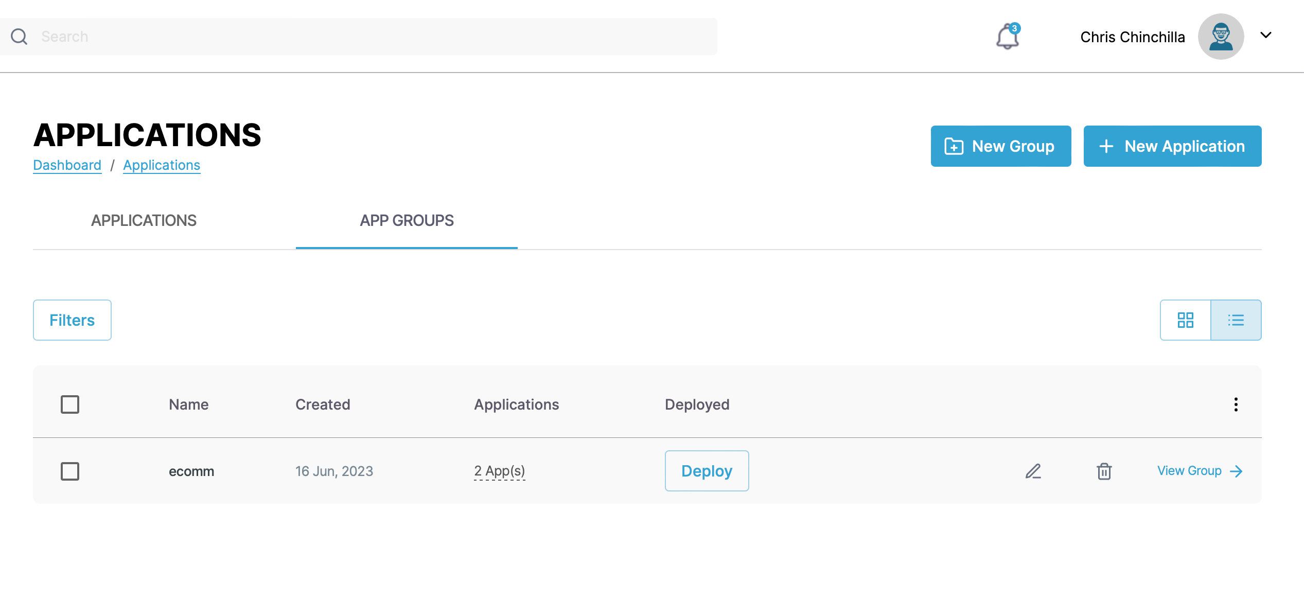 Screenshot of application group list configuration page