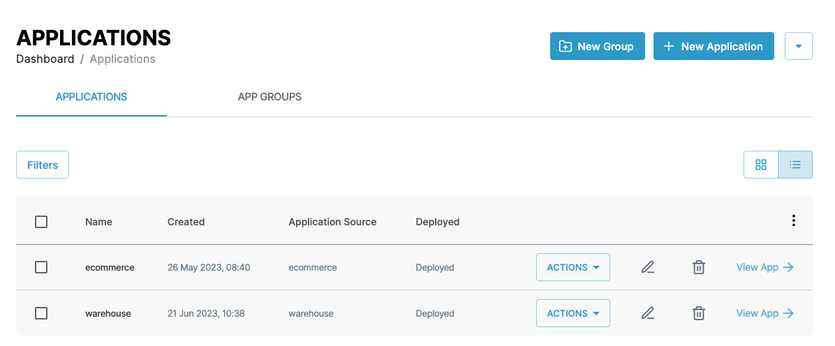 Screenshot of application list configuration page