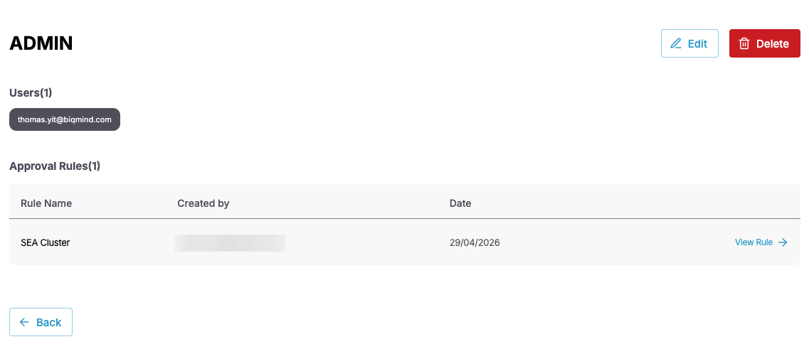 Screenshot of approval group details page