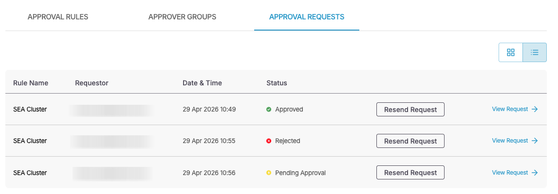Screenshot of approval requests