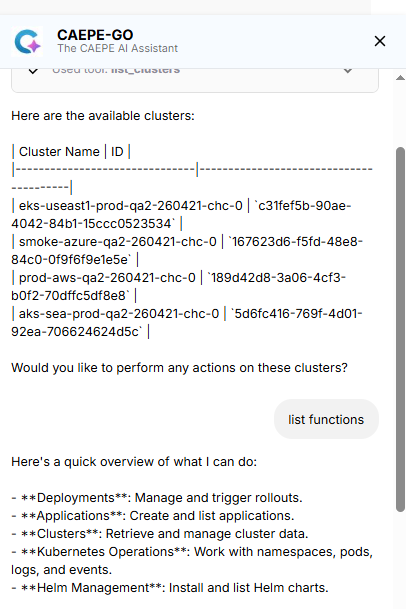 Screenshot of CAEPE-Go list functions response