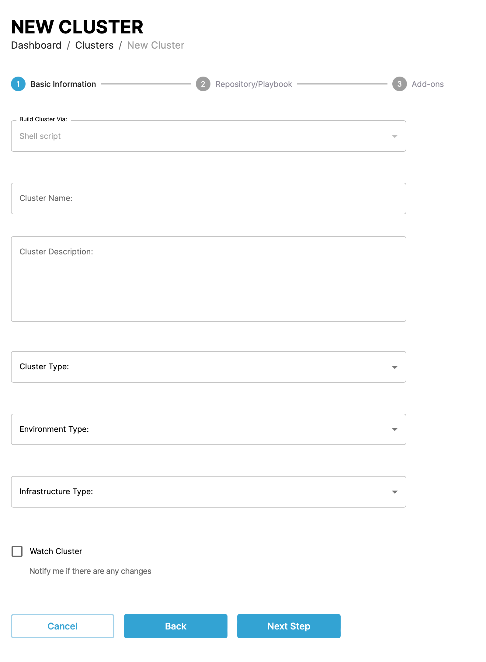 Screenshot of build cluster creation form