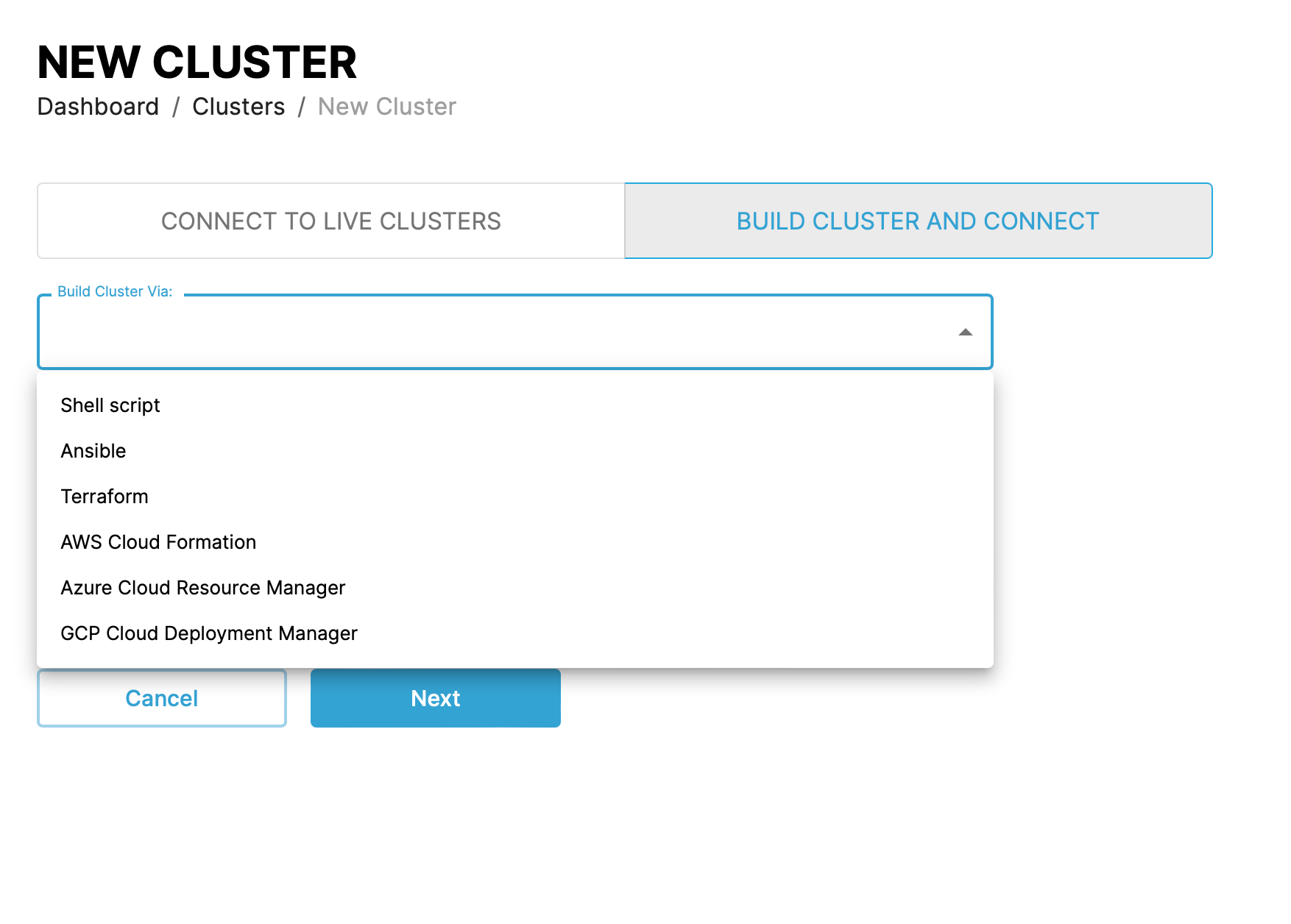 Screenshot of build cluster creation form