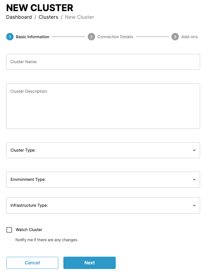 Screenshot of live cluster creation form