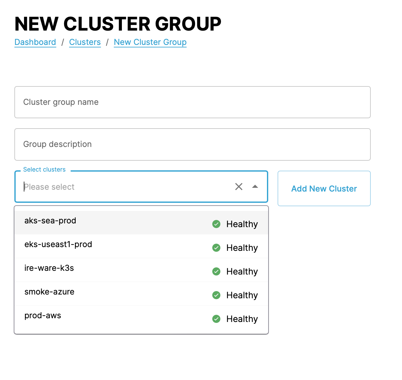 Screenshot of cluster group creation form