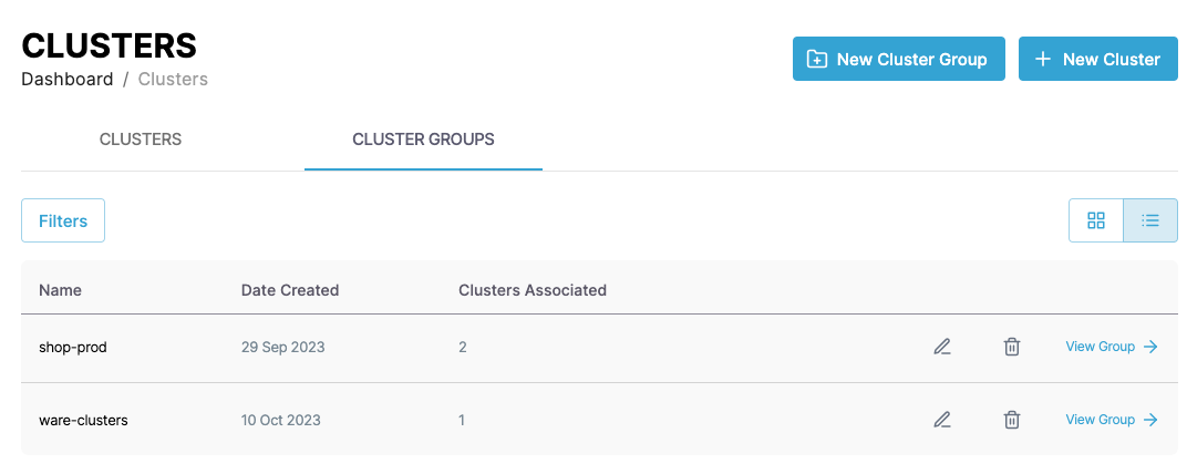 Screenshot of cluster groups list configuration page