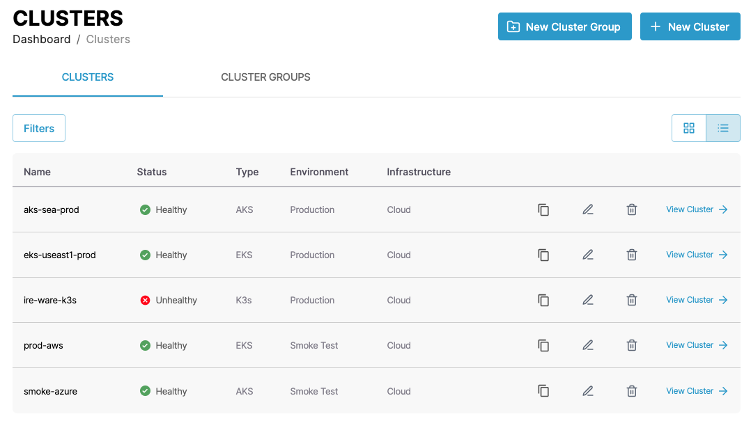 Screenshot of cluster list configuration page
