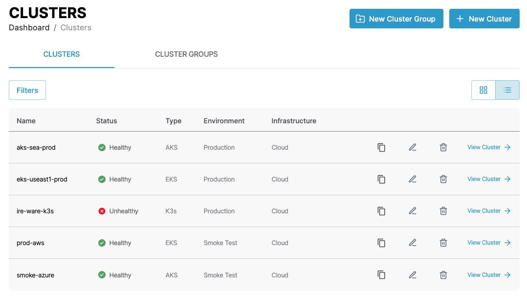 Screenshot of smoke test clusters