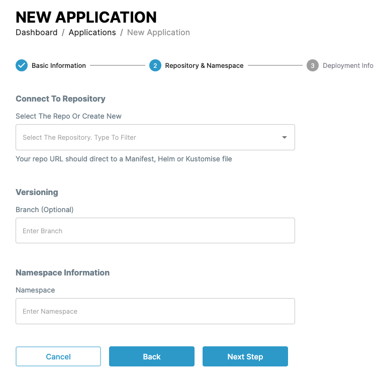 Screenshot of application creation page