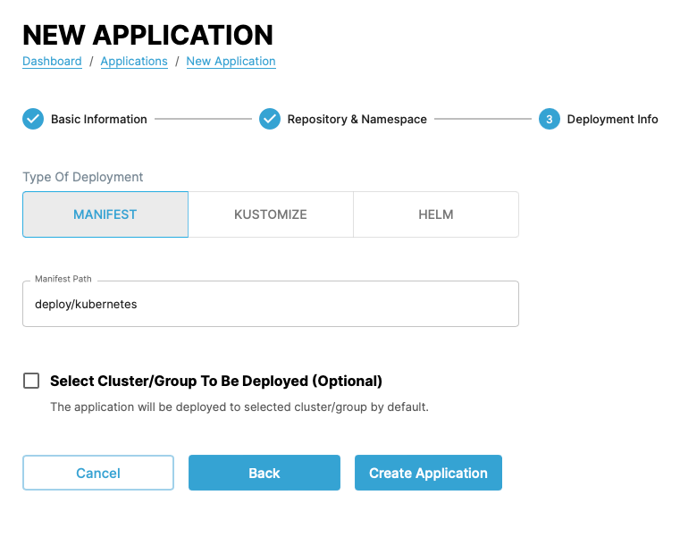 Screenshot of application creation page