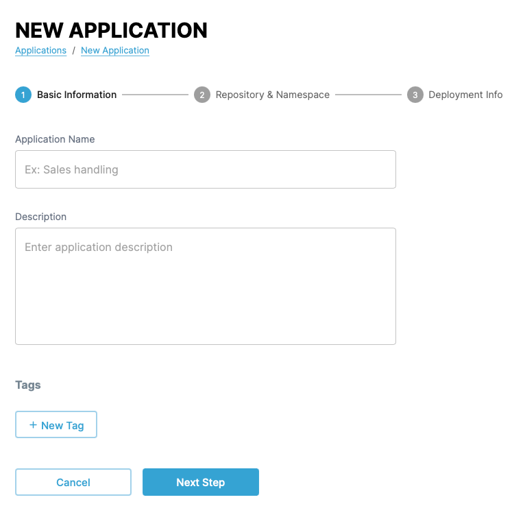 Screenshot of application creation page