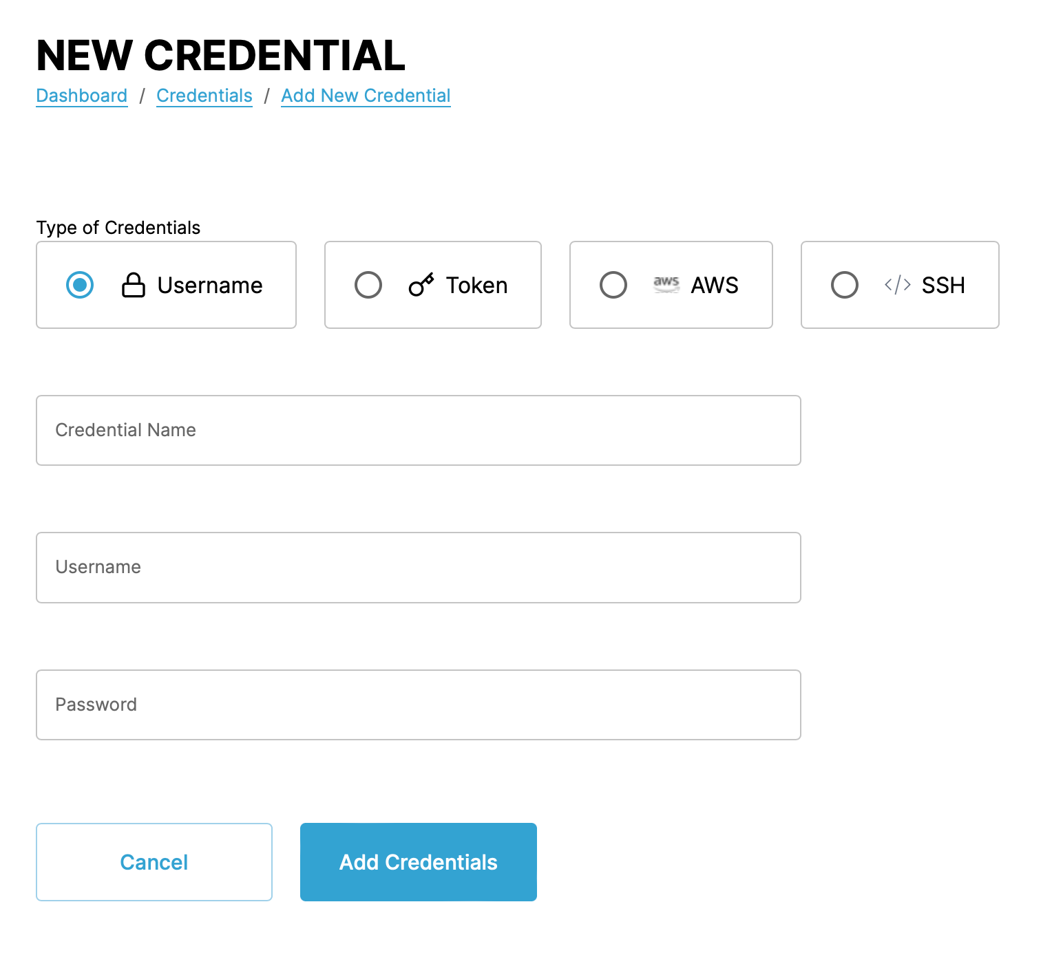 Screenshot of credential creation page