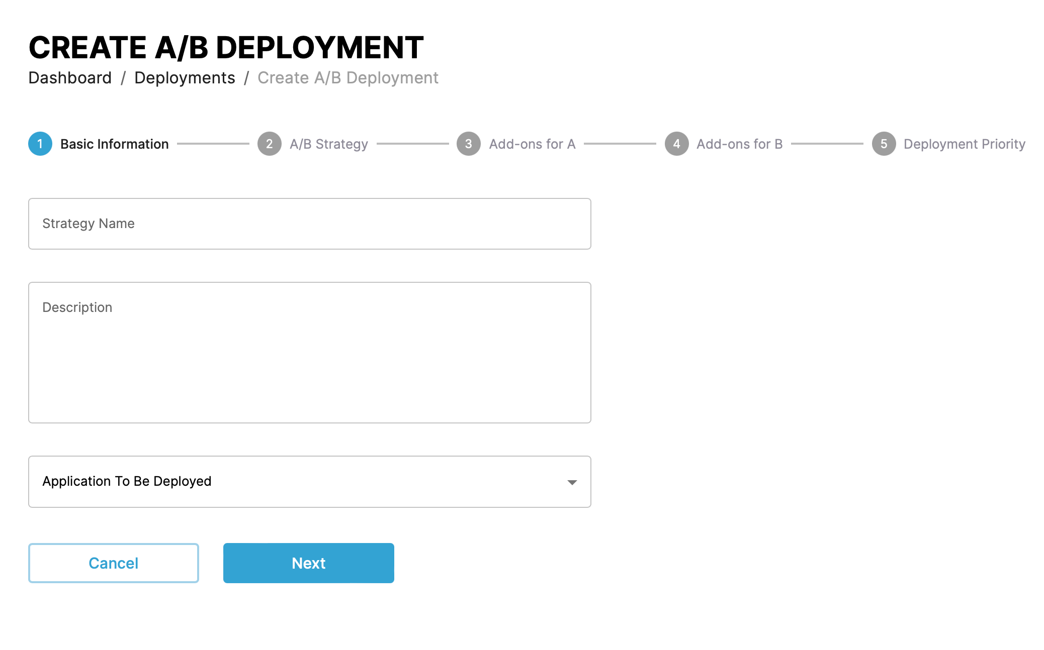 Screenshot of step one of creating a deployment
