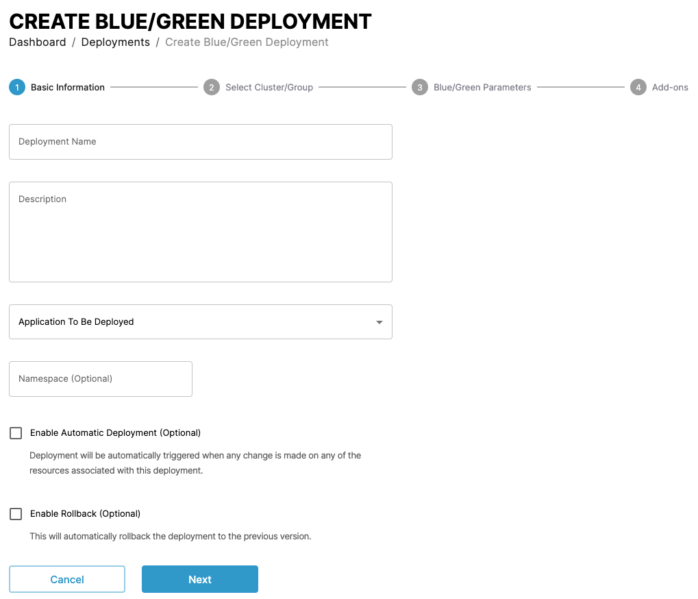 Screenshot of step one of creating a deployment