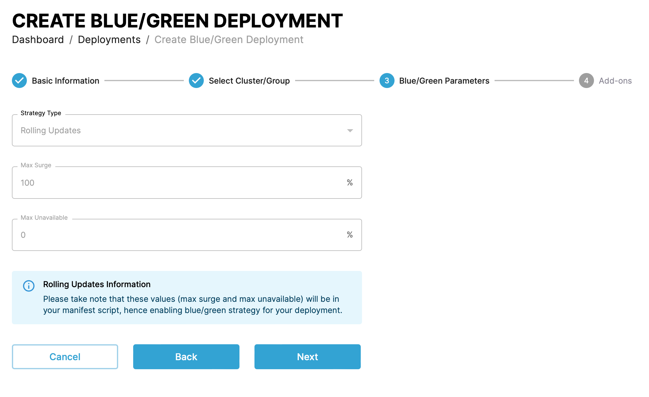 Screenshot of step three of creating a deployment