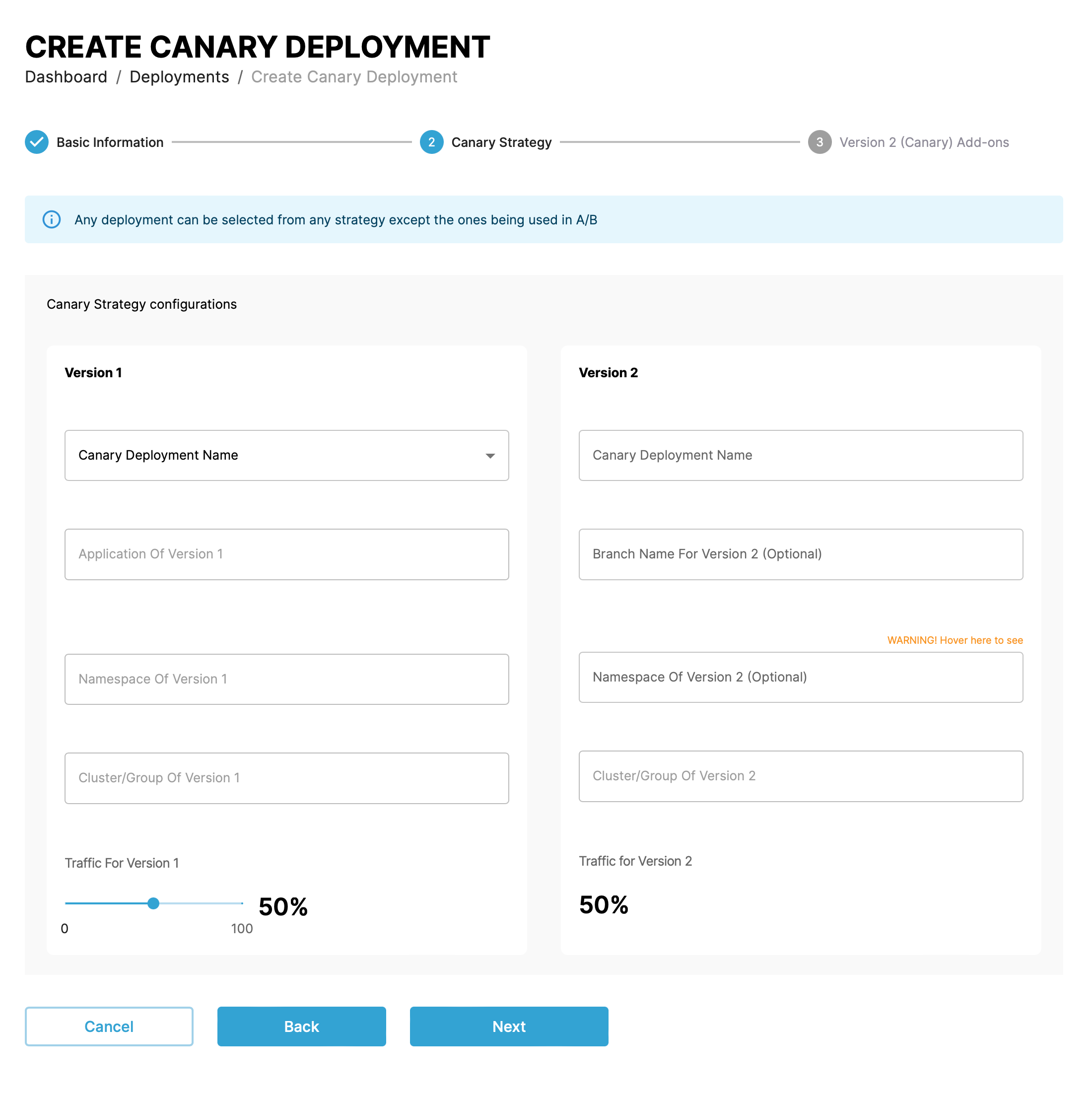 Screenshot of step two of creating a canary deployment