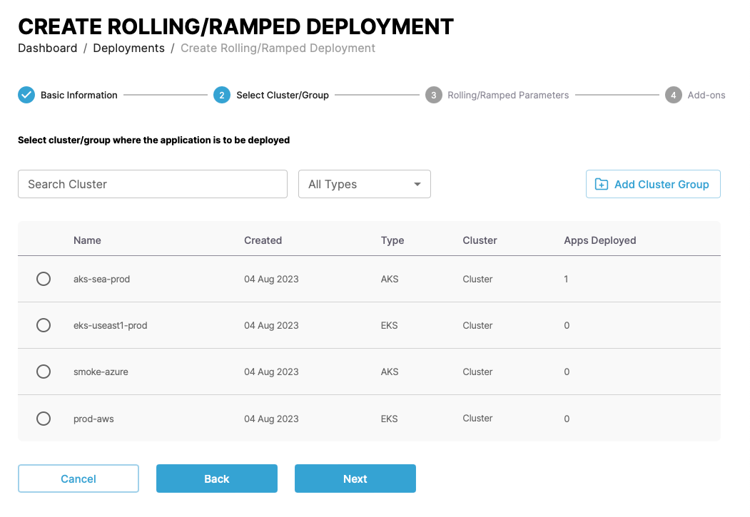 Screenshot of step one of creating a rolling/ramped deployment