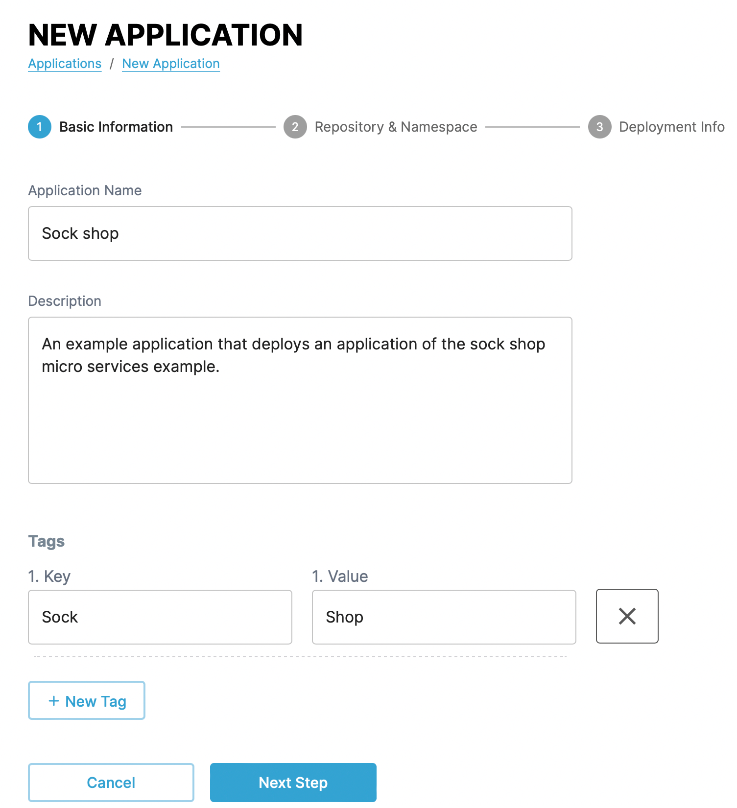 Screenshot of step 1 of creating an application