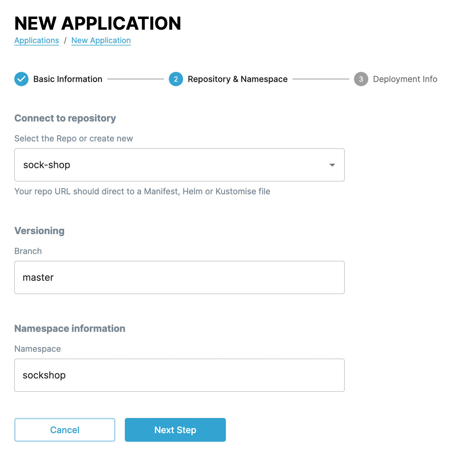 Screenshot of step 2 of creating an application