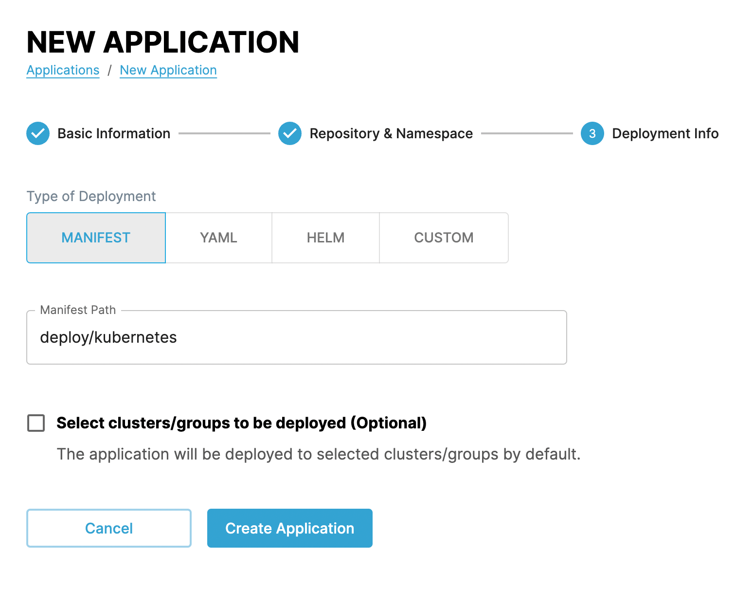 Screenshot of step 3 of creating an application