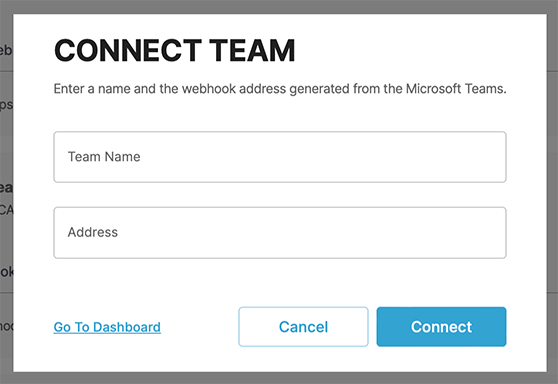 Screenshot of creating a Teams notification integration