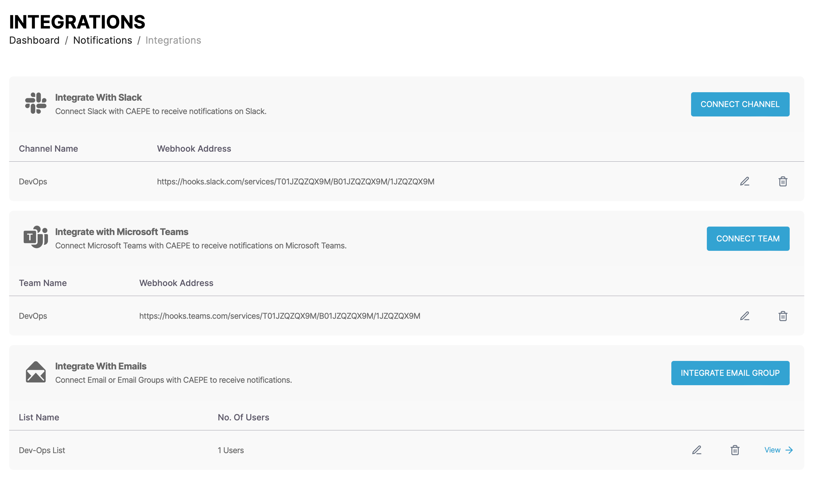 Screenshot of integrations list configuration page