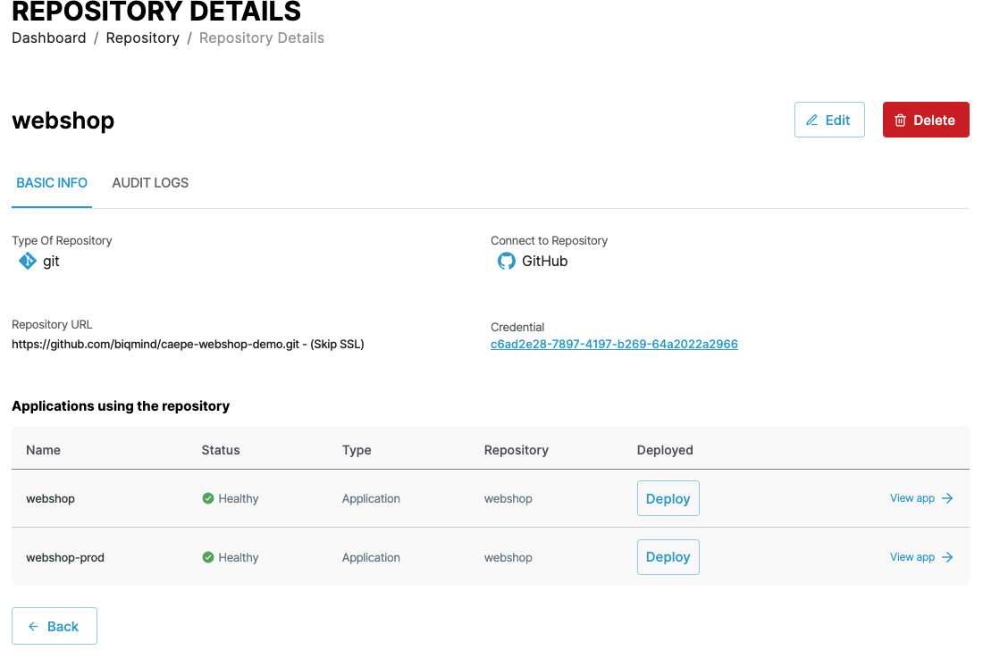 Screenshot of repositories detail page