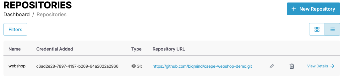 Screenshot of repositories list configuration page