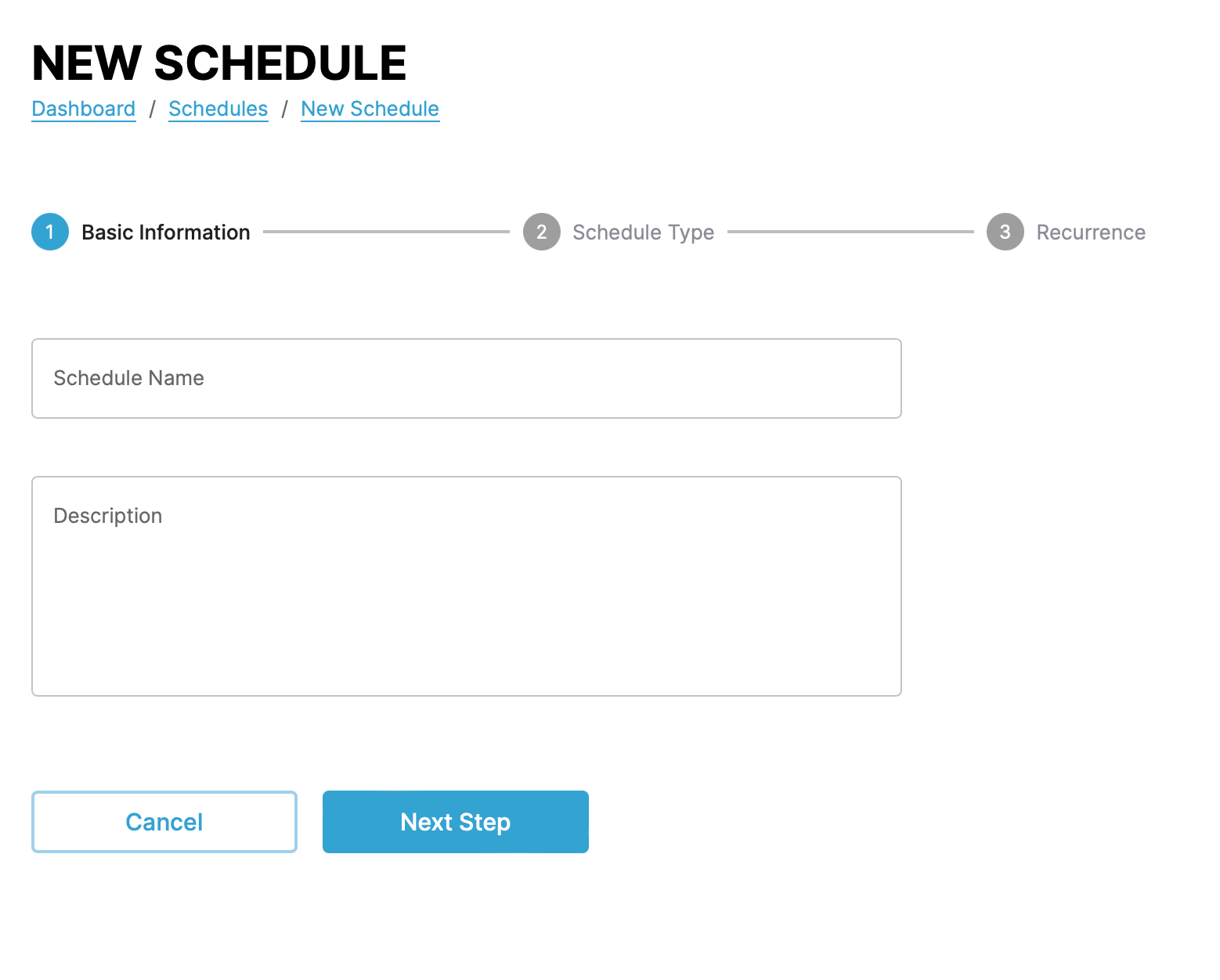 Screenshot of schedule configuration page step 1