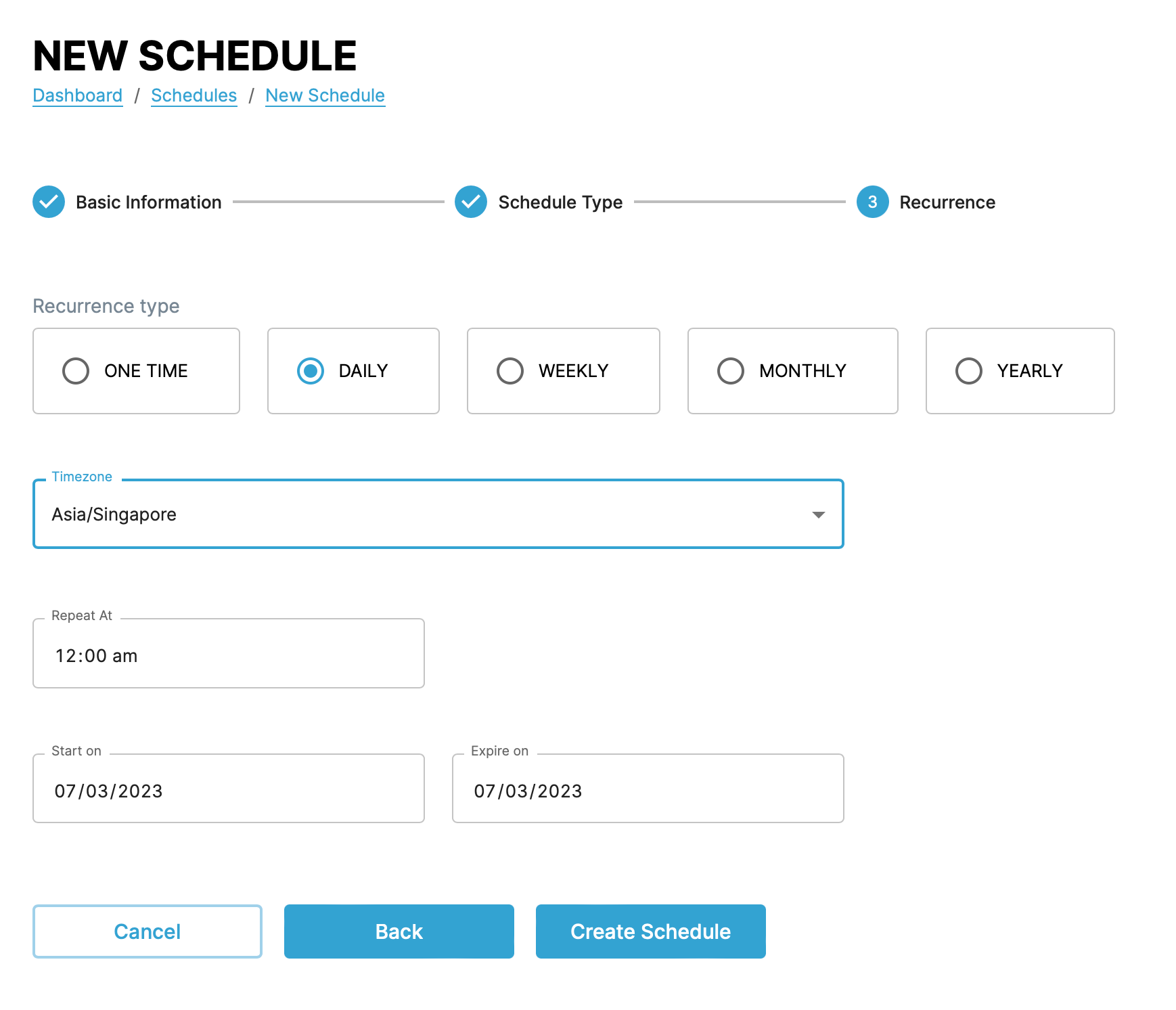 Screenshot of schedule configuration page step 3