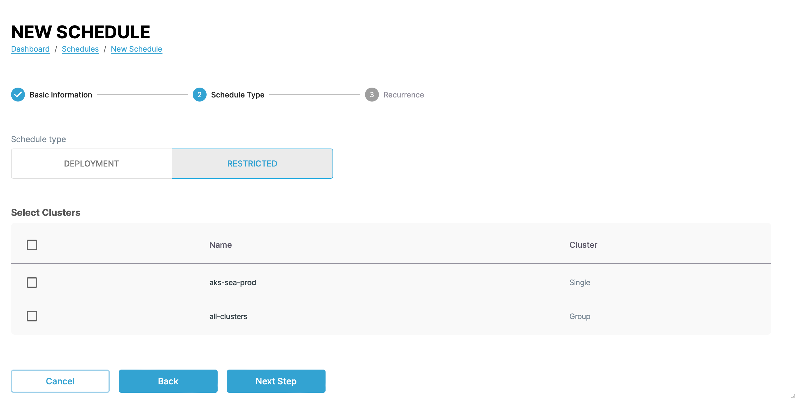 Screenshot of schedule configuration page step 2