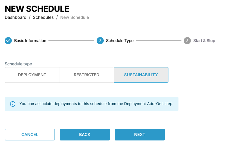 Schedule Type step with Sustainability selected