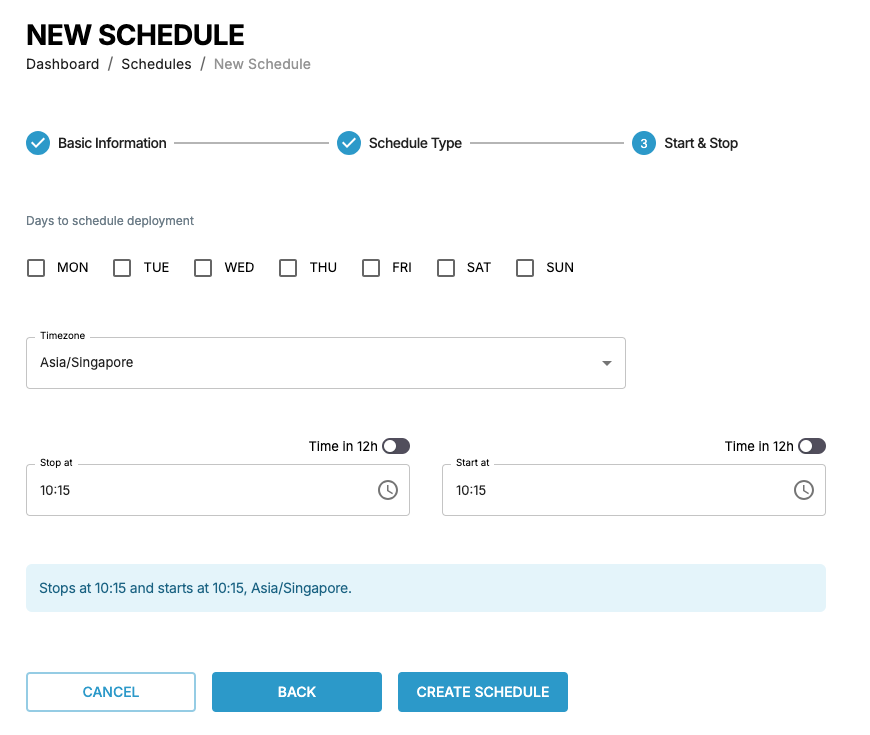Start & Stop step with days, time zone, and stop and start times