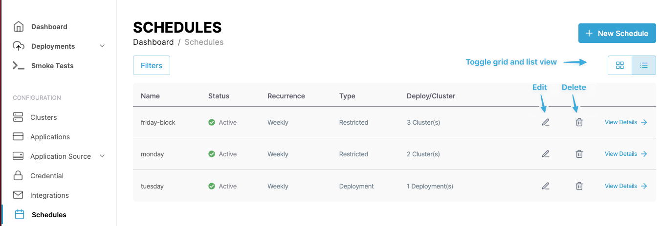 Screenshot of schedules list configuration page