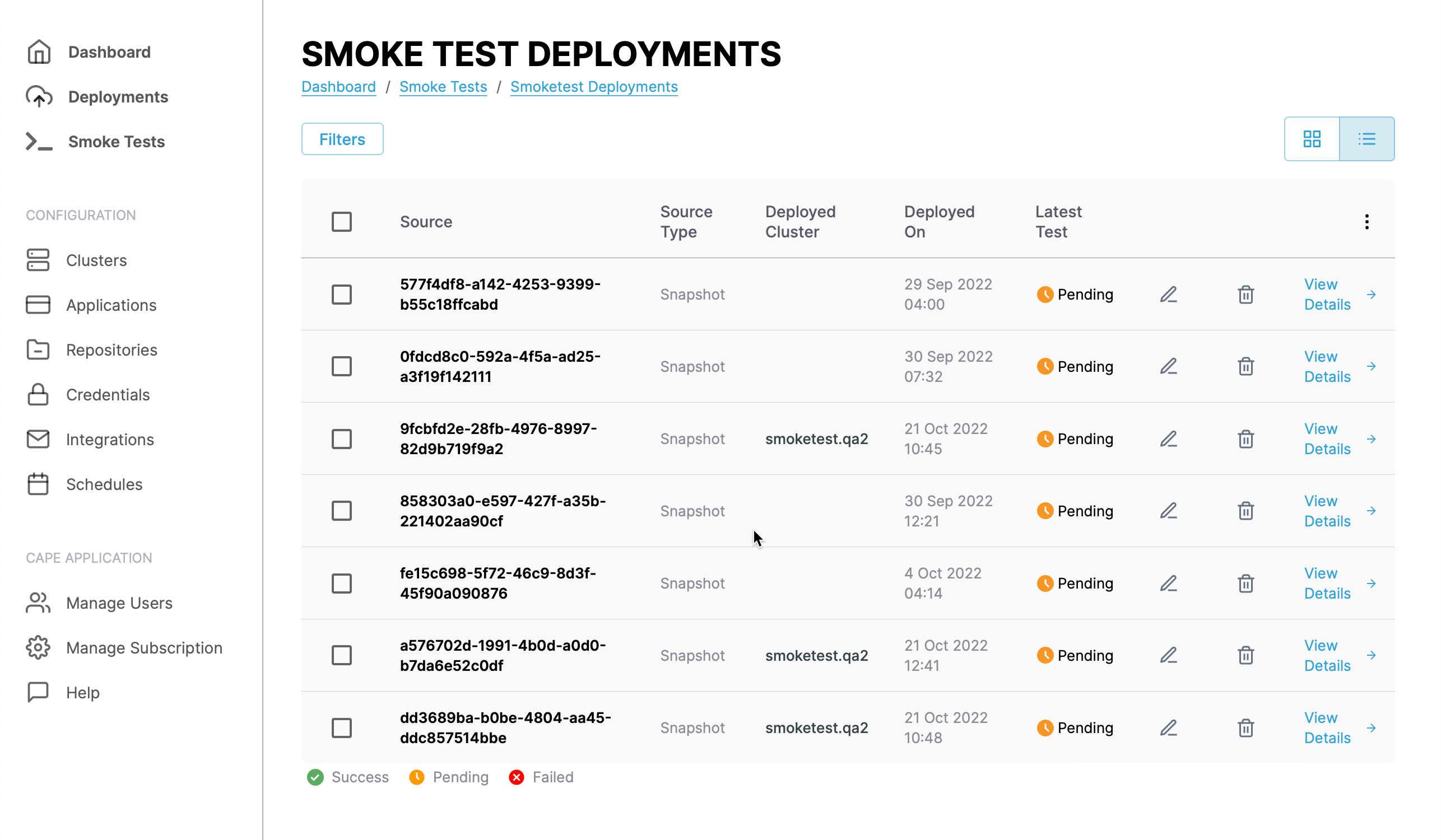 Screenshot of smoke test deployments