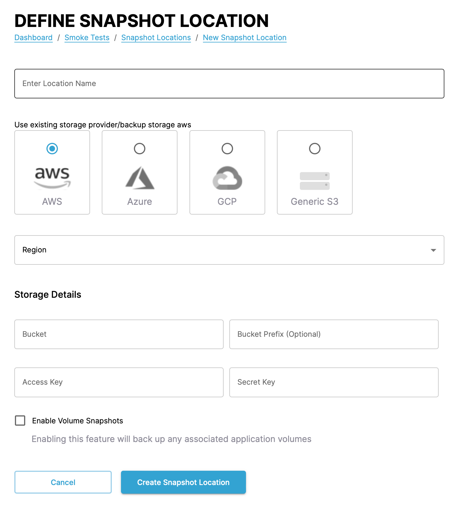 Screenshot of creating a snapshot location