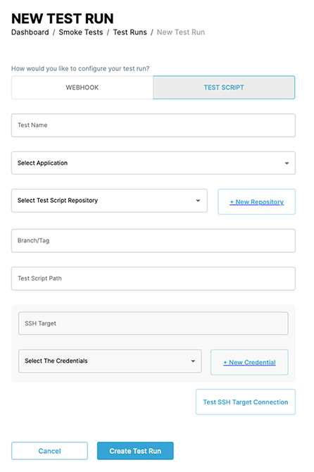 Screenshot of creating a test run to trigger a script