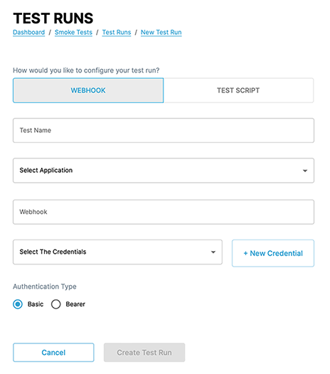 Screenshot of creating a test run to trigger a webhook