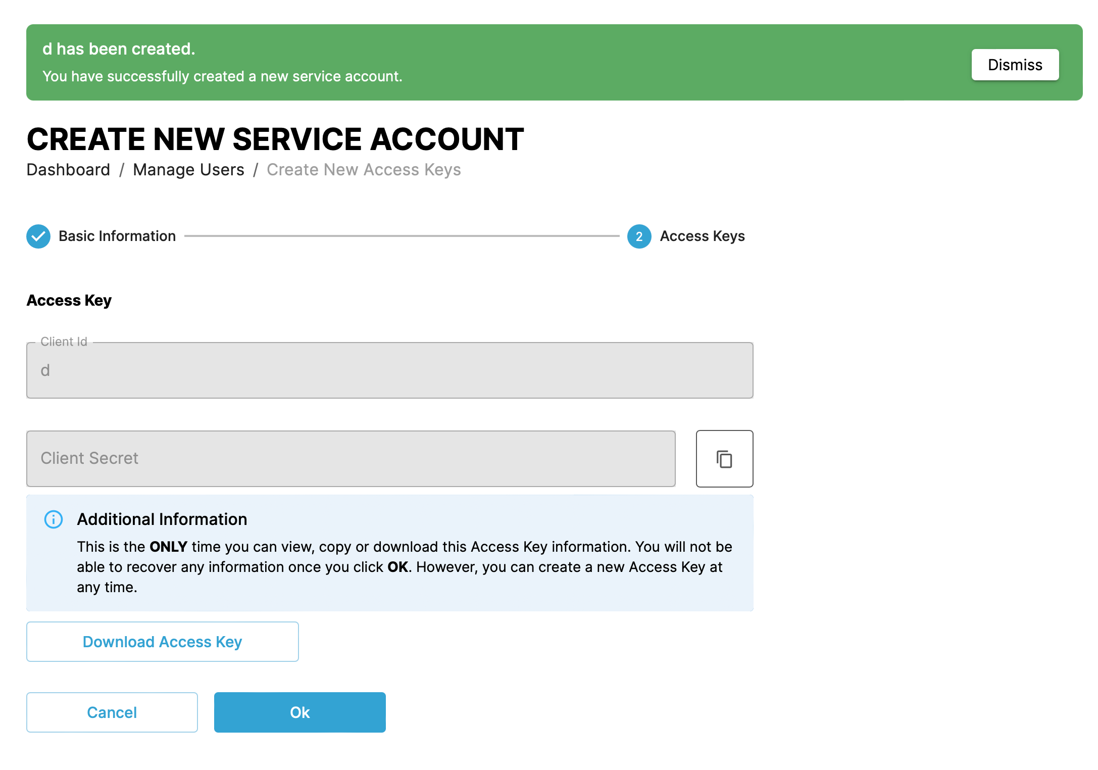 Screenshot of access key details screen for a user